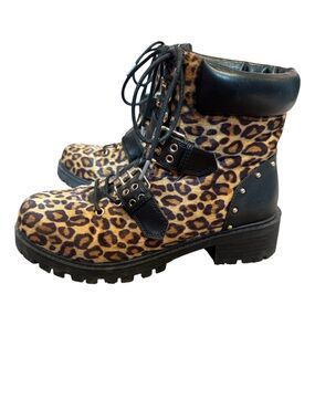 Leopard Print Studded Lace-Up Combat Lug Moto Boots